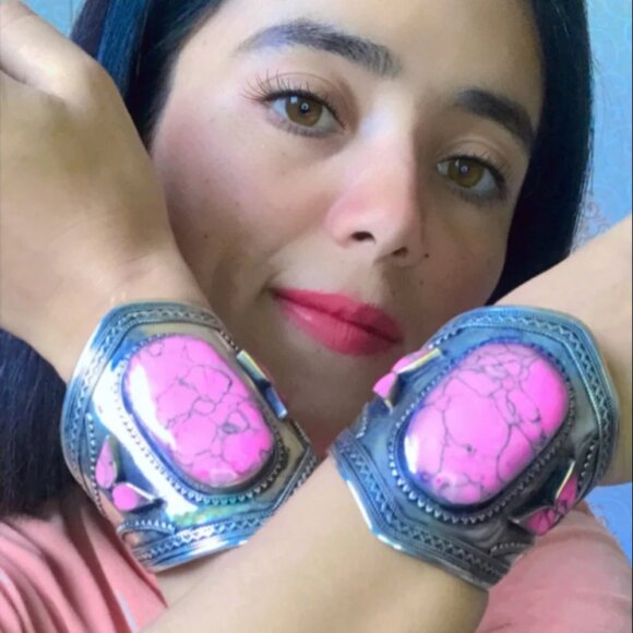 Single Vintage Afghan Cuff: Pink Stone Tribal Boho Bracelet - Picture 1 of 9